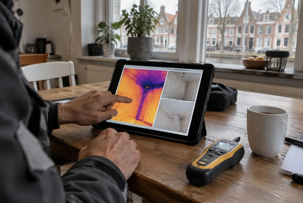 Lekdetectie Kockengen – lekdetectierapport met warmtebeelden en foto's op een tablet