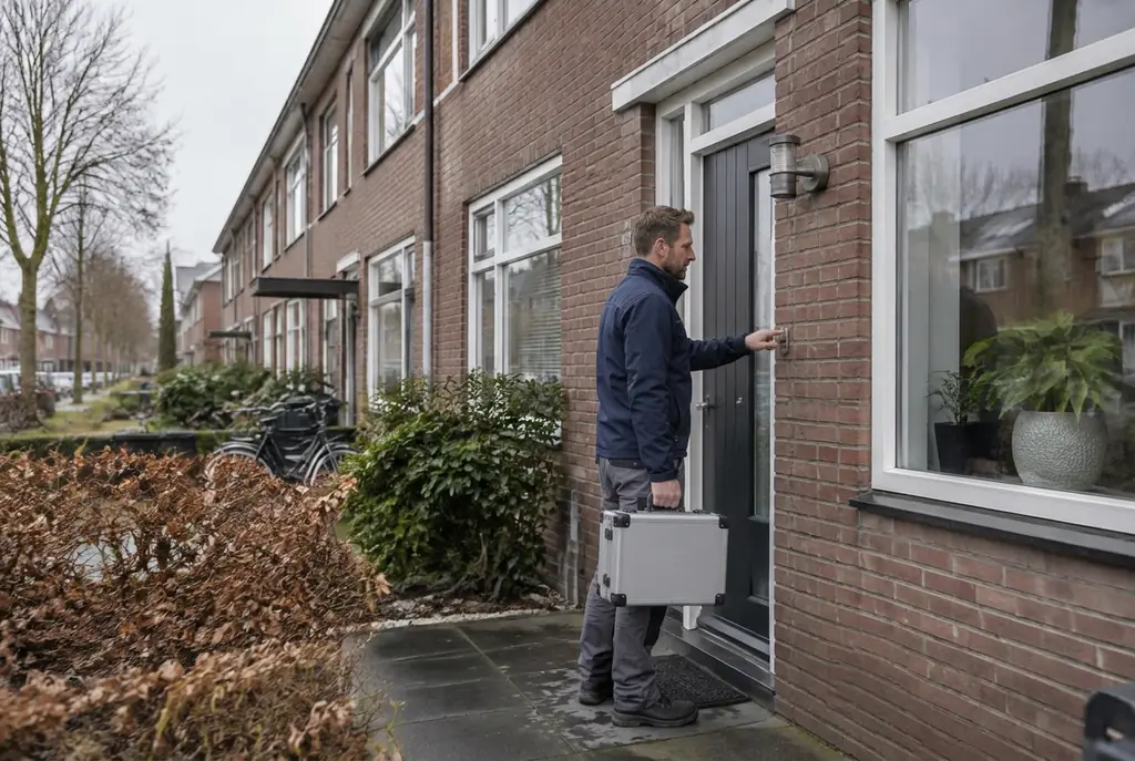 Lekdetectiespecialist met meetkoffer bij de voordeur van een woning in Kockengen
